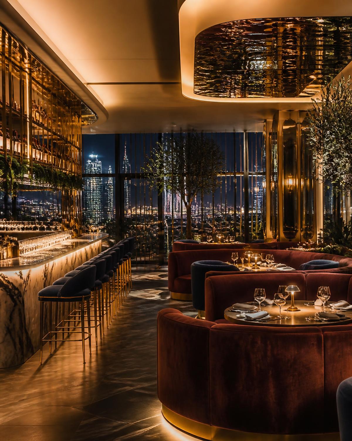 Glamorous Dubai restaurant interior with velvet banquettes and a marble bar at night