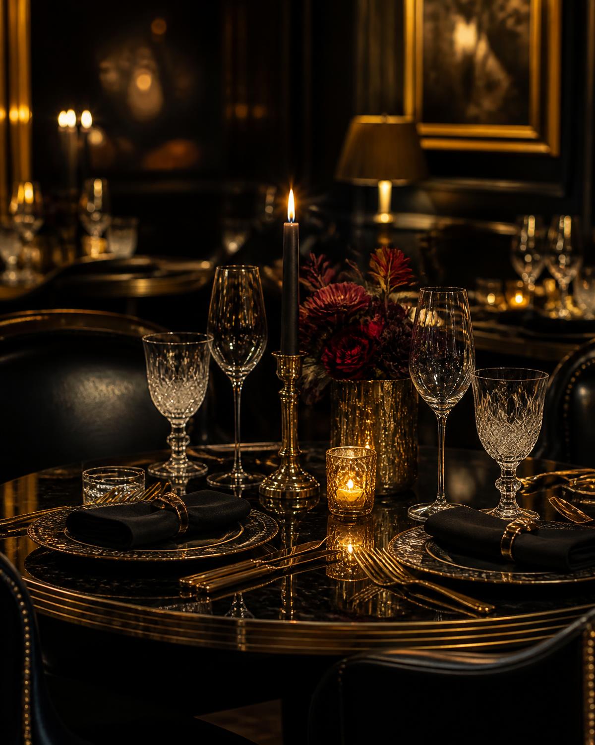 Candlelit fine dining table set for two in a dark, gold-accented restaurant