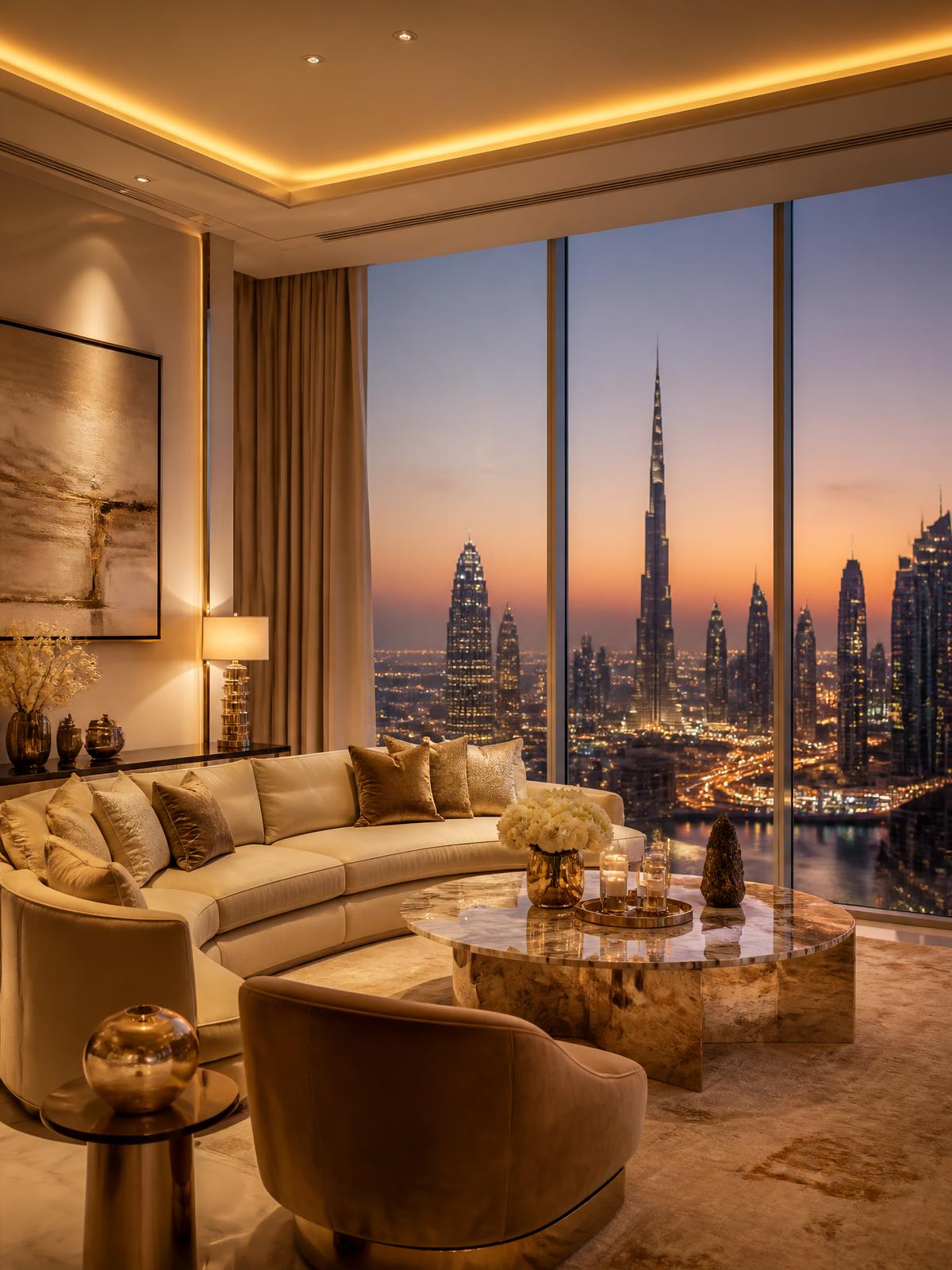 Luxury penthouse living room overlooking the Dubai skyline at dusk