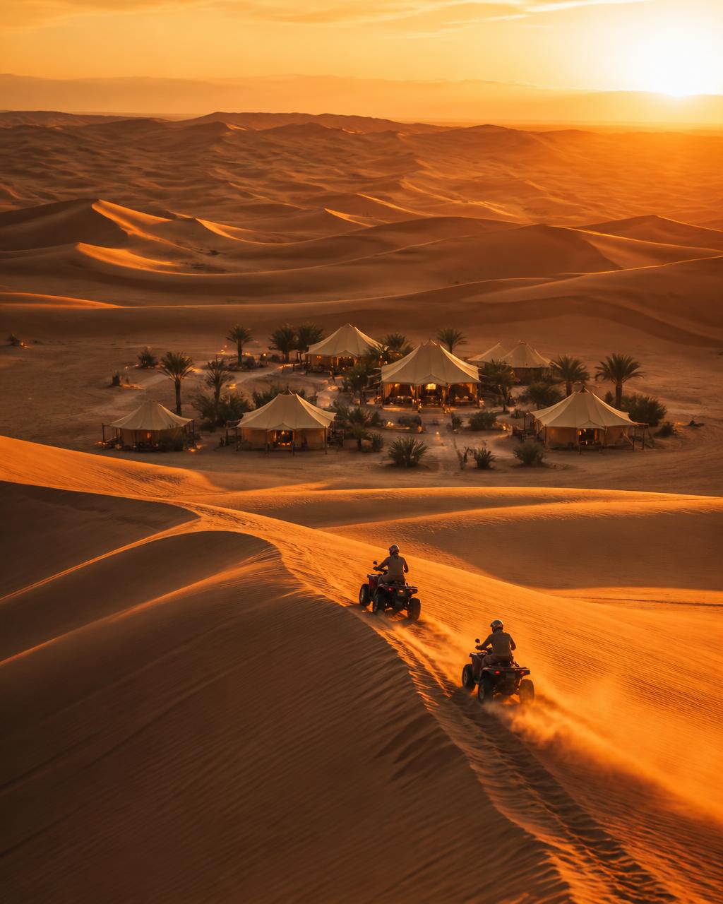 Quad bikes crossing UAE sand dunes at golden hour beside a luxury desert camp