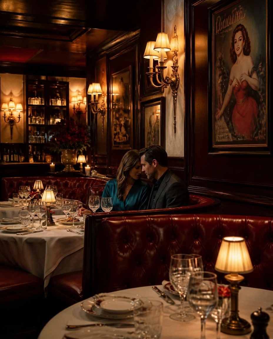 Red leather banquettes and candlelit tables in a mid-century Italian-American dining room