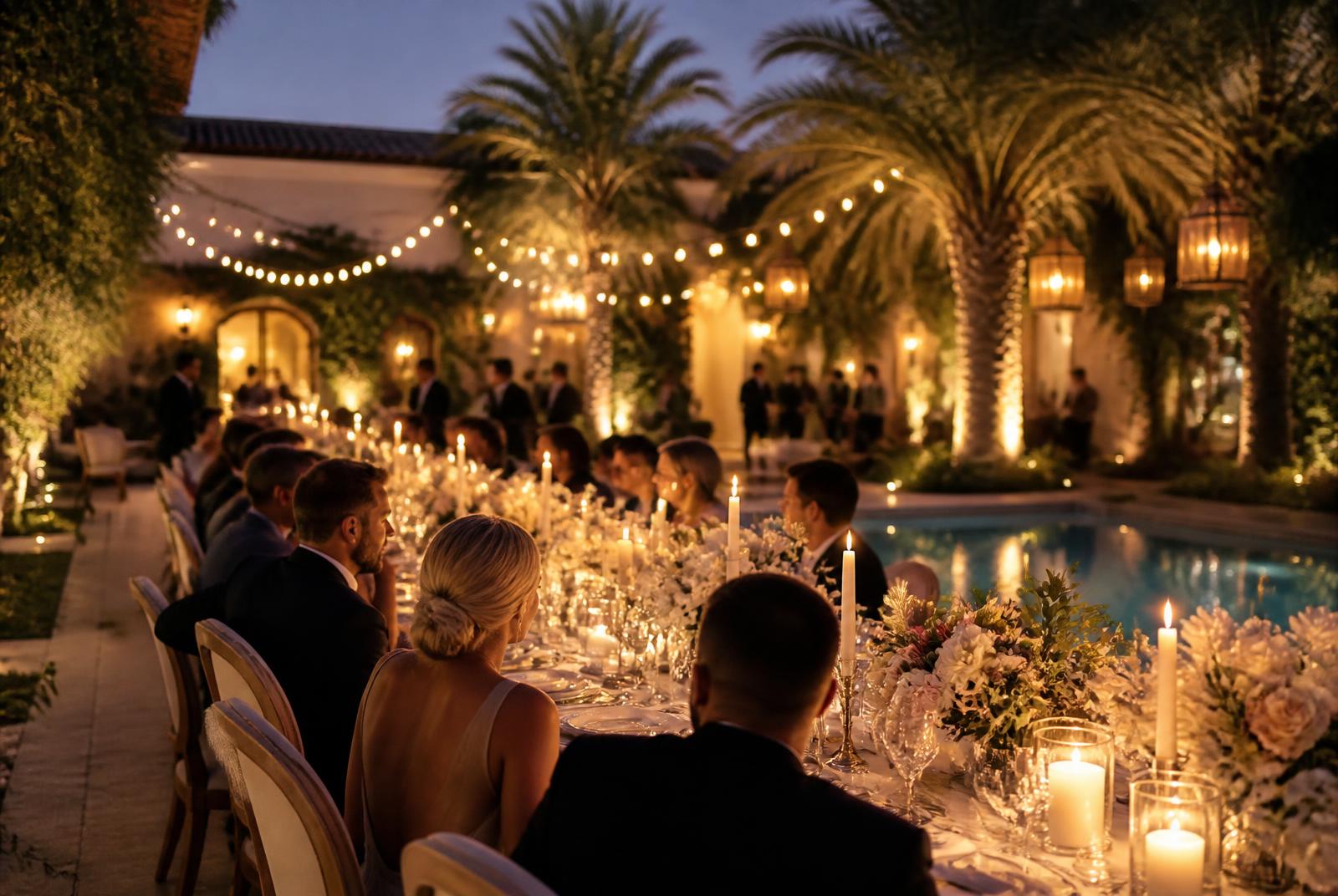 Elegant gala ballroom with gold chandeliers and set tables
