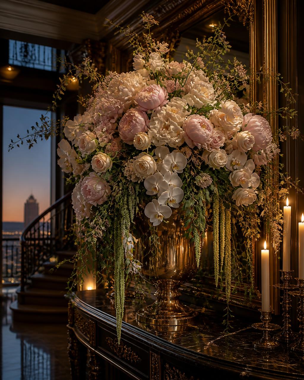 Grand cascading peony and orchid installation in a brass urn in a candlelit penthouse foyer