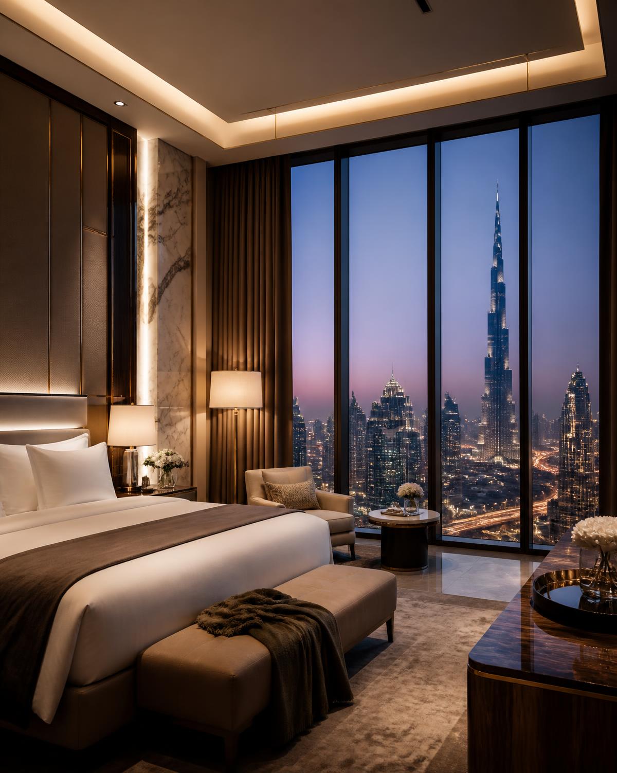 Luxury hotel suite overlooking the Dubai skyline at dusk