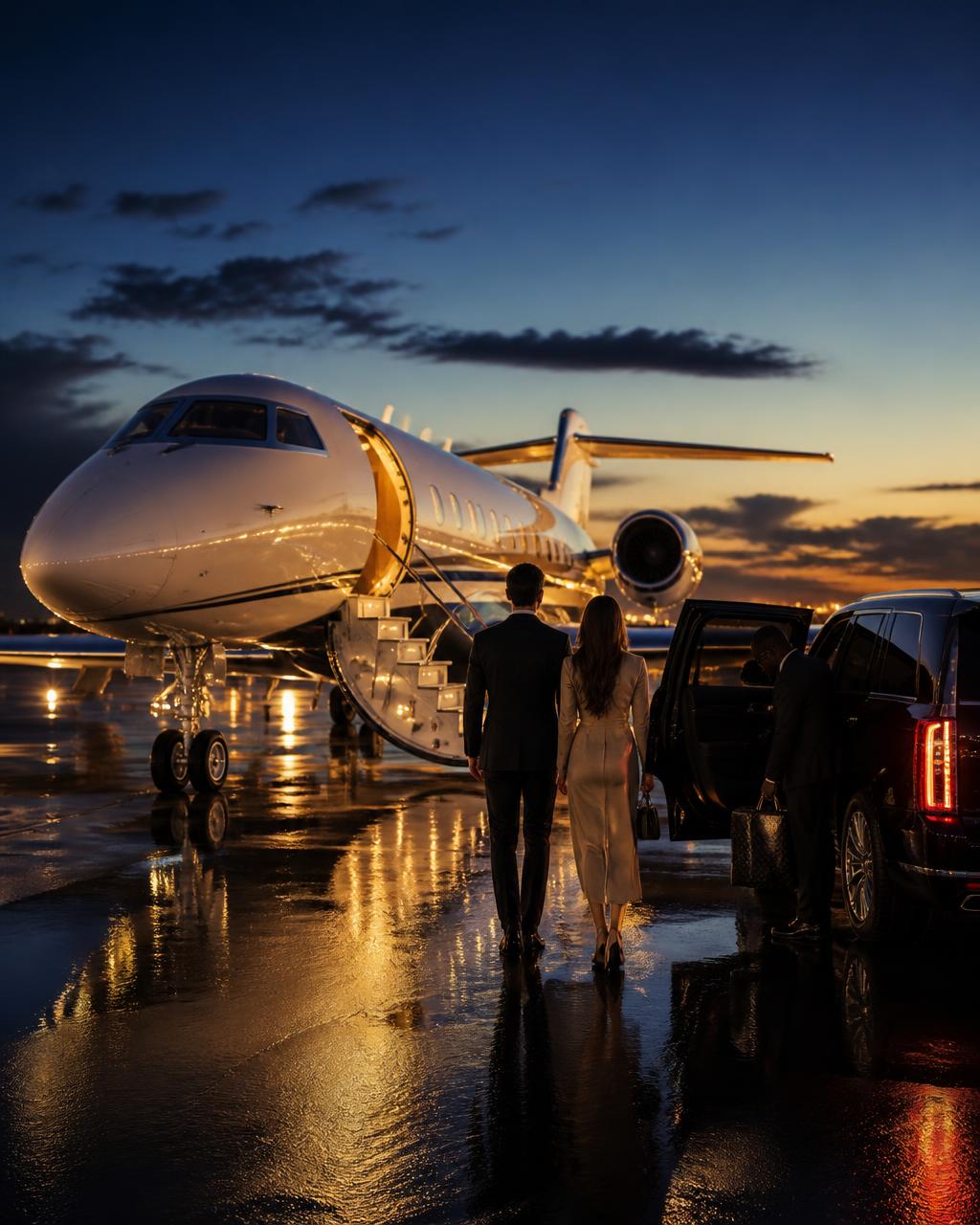 Couple boarding a private jet at dusk after stepping from a chauffeured black SUV on the tarmac
